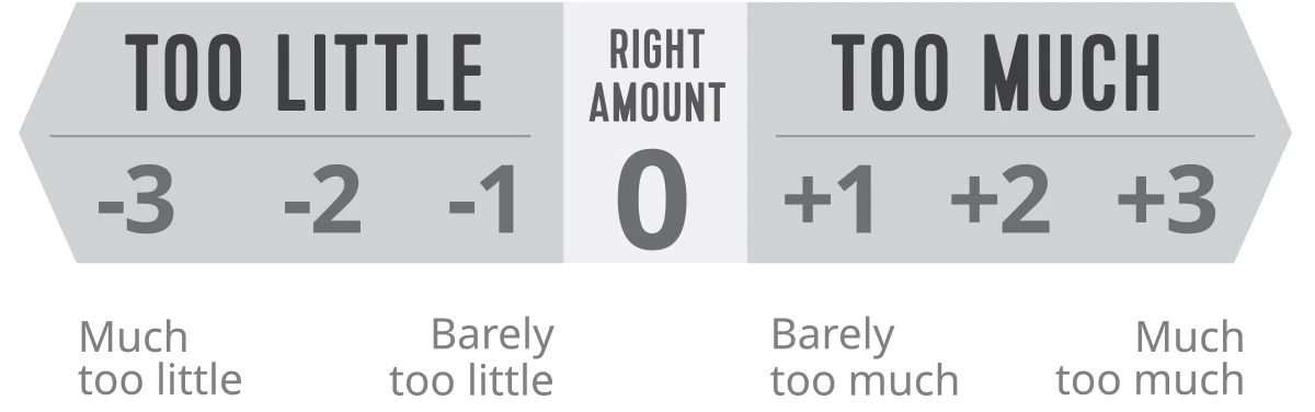 The LVI patented scale, running from minus three (much too little) through zero (the right amount) to plus three (much too much).