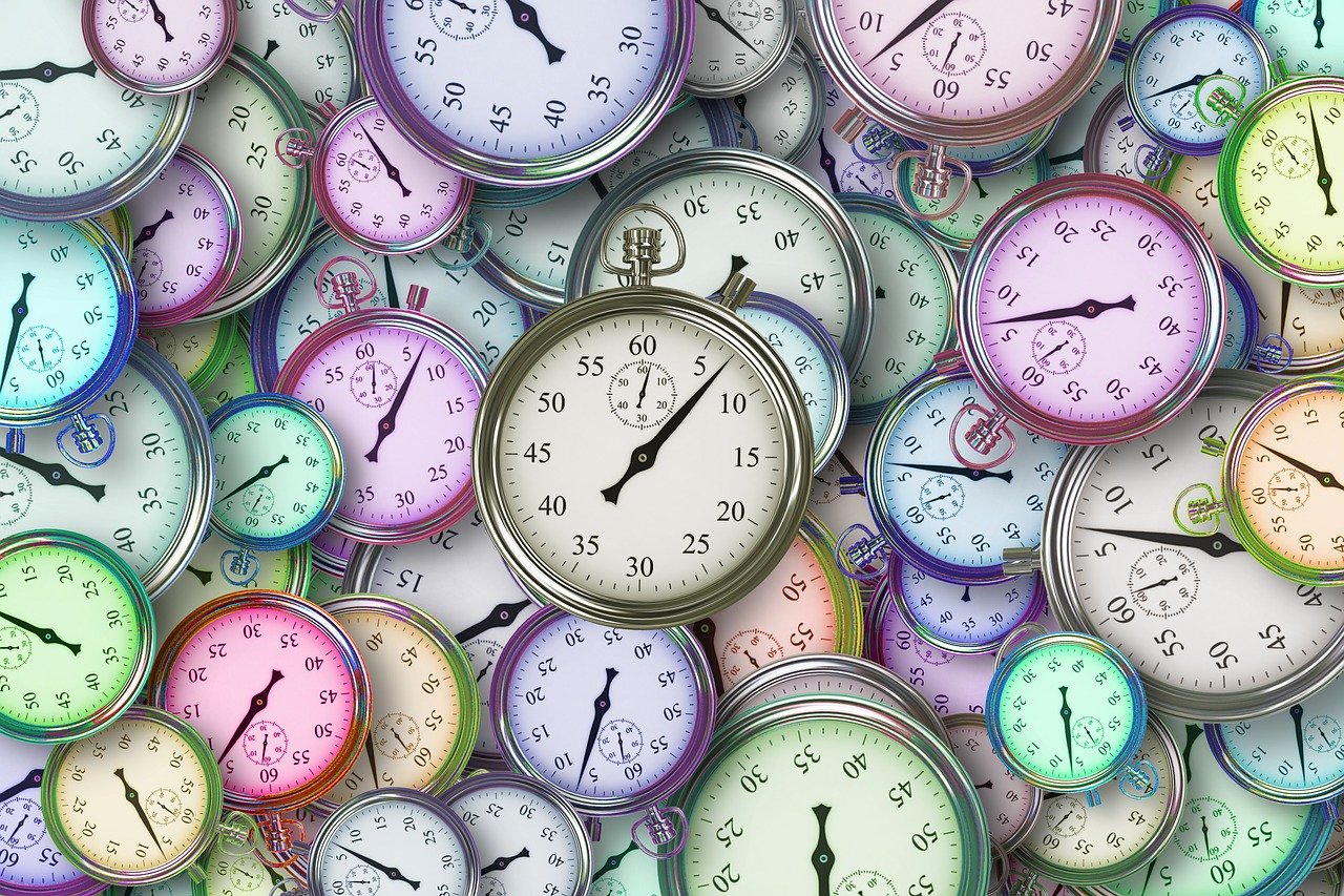 Numerous colorful pocket watches